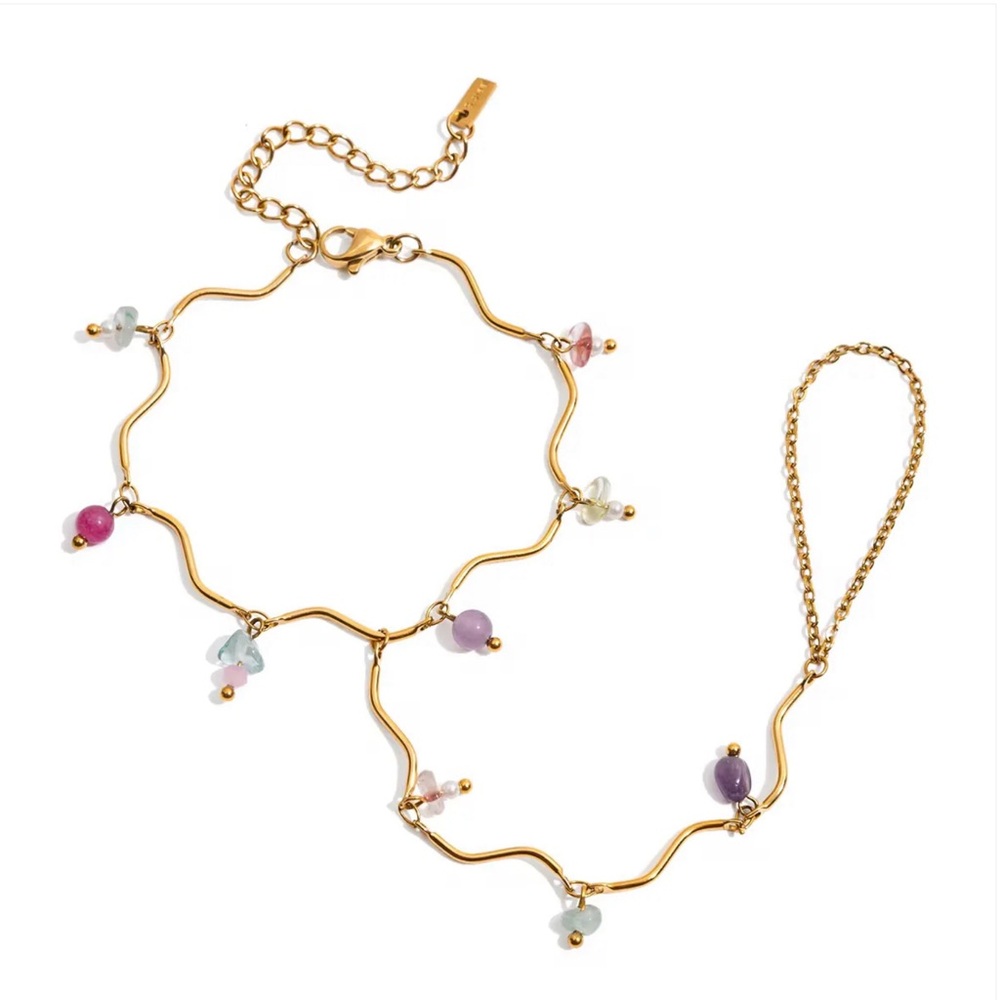 Natural Stone Beaded Wavy Hand Chain Stainless Steel